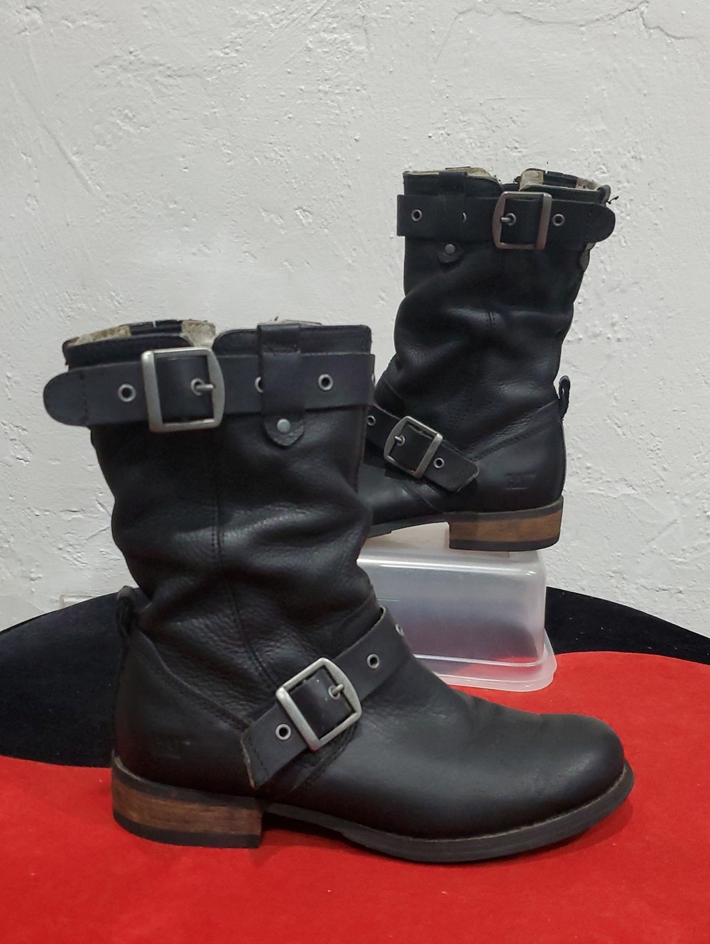 Caterpillar Black Buckled Leather Mid-Calf Combat Boots